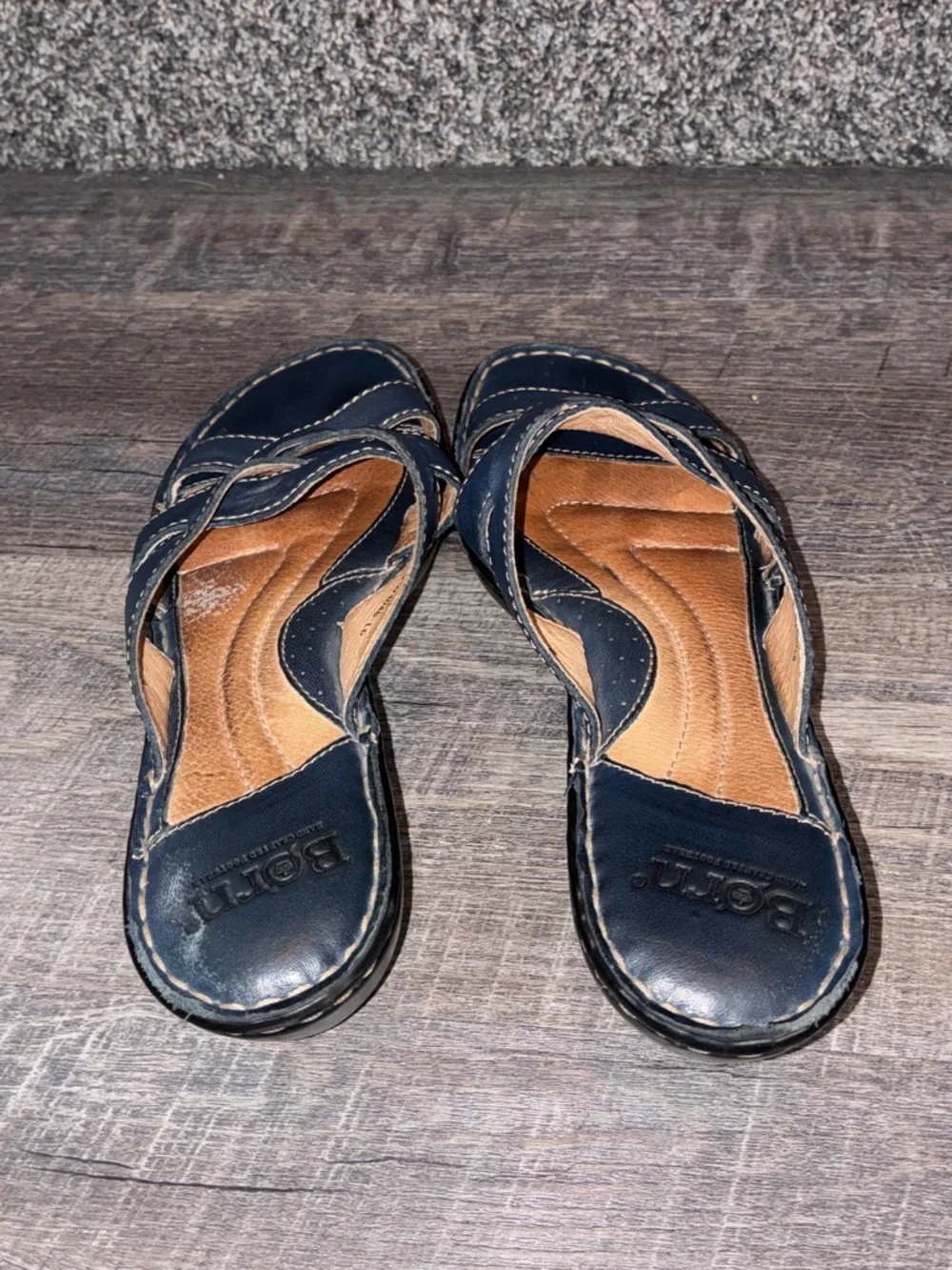 Born Womens Navy Blue Leather Strappy Wedge Slide Sandals W4046 - size 8
